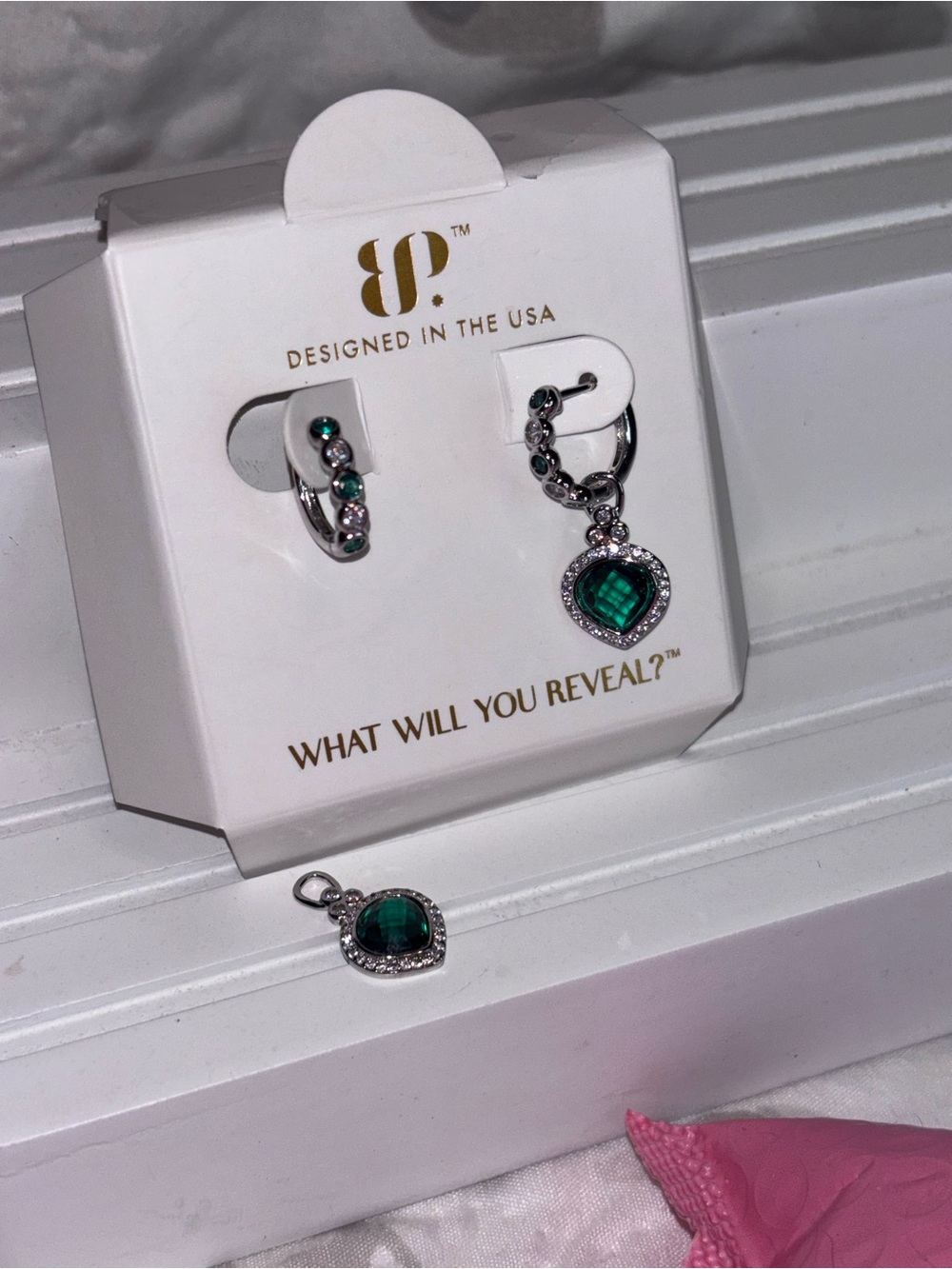 NWT Emerald Silver Hoops with Removable Heart Charm Earrings